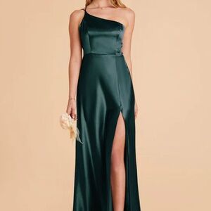Birdy Grey Kensie Dress Shiny Satin Emerald One Shoulder Slit Gown